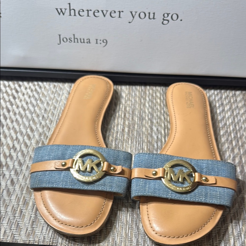 Michael Kors Denim and Tan sandals slightly worn last pic SZ 8.5 Box1